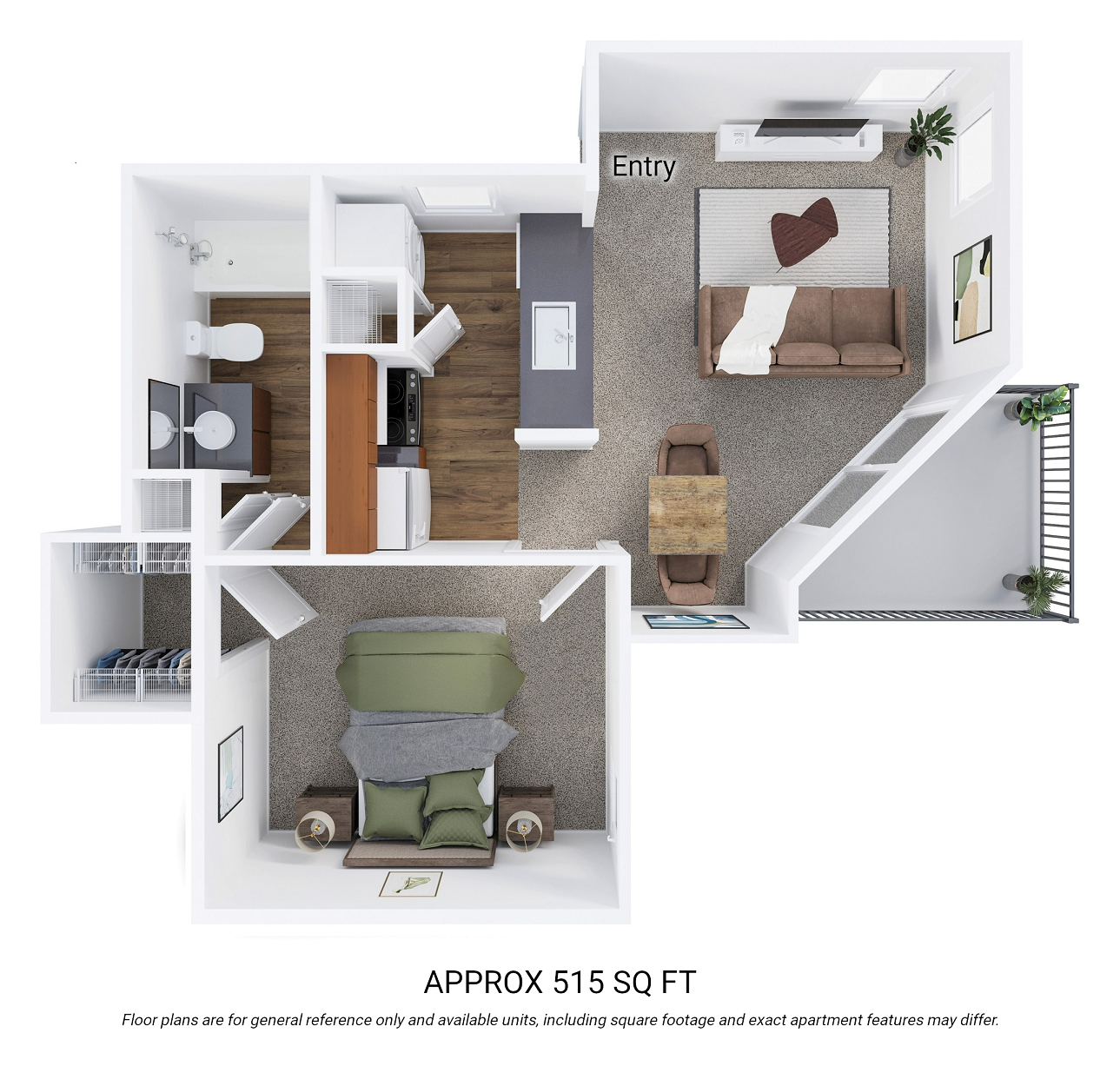 Floor plan for 1 bed, 1 bath, 515 sqft